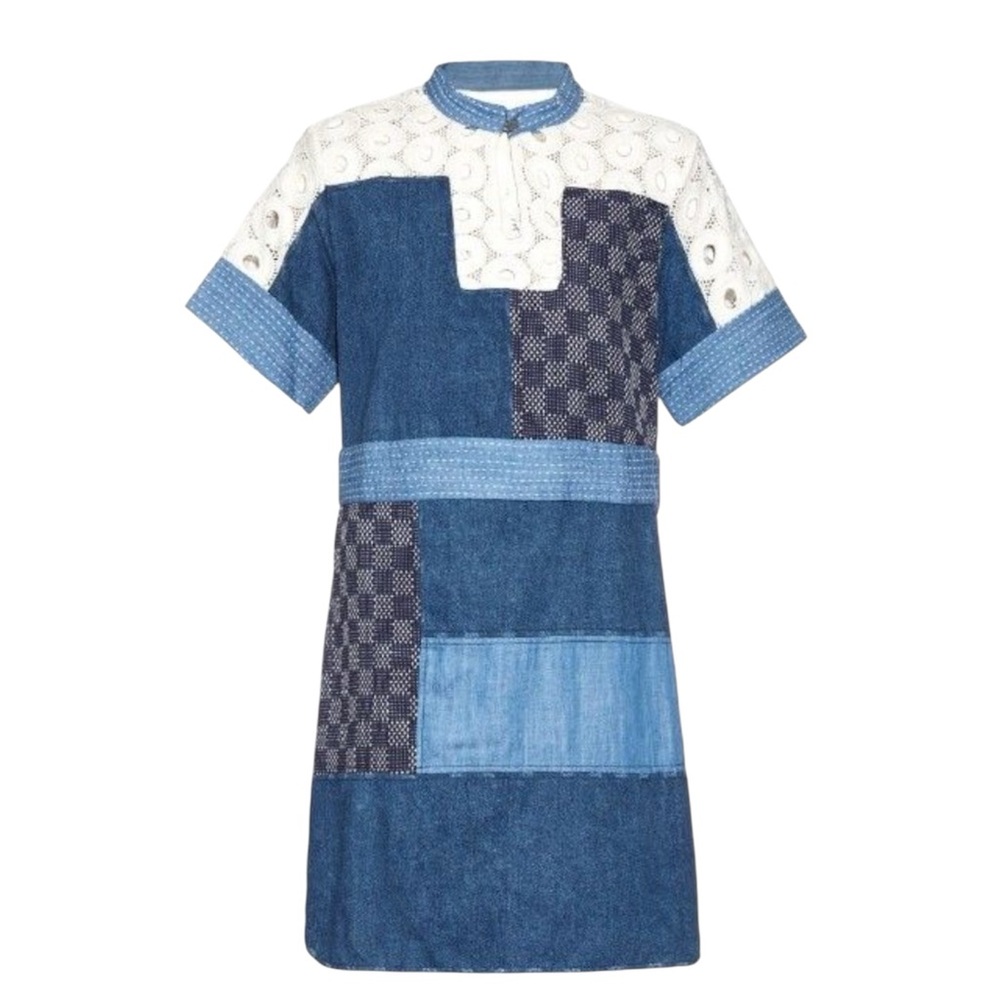 Sea New York Patchwork Cotton Denim And Lace Oversized Mock Neck Mini Dress sz 4 - Picture 1 of 11